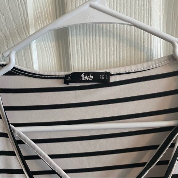 Shein Striped Mini Dress w/ Crisscross Neckline Women's Size Large Black & White - Picture 3 of 6